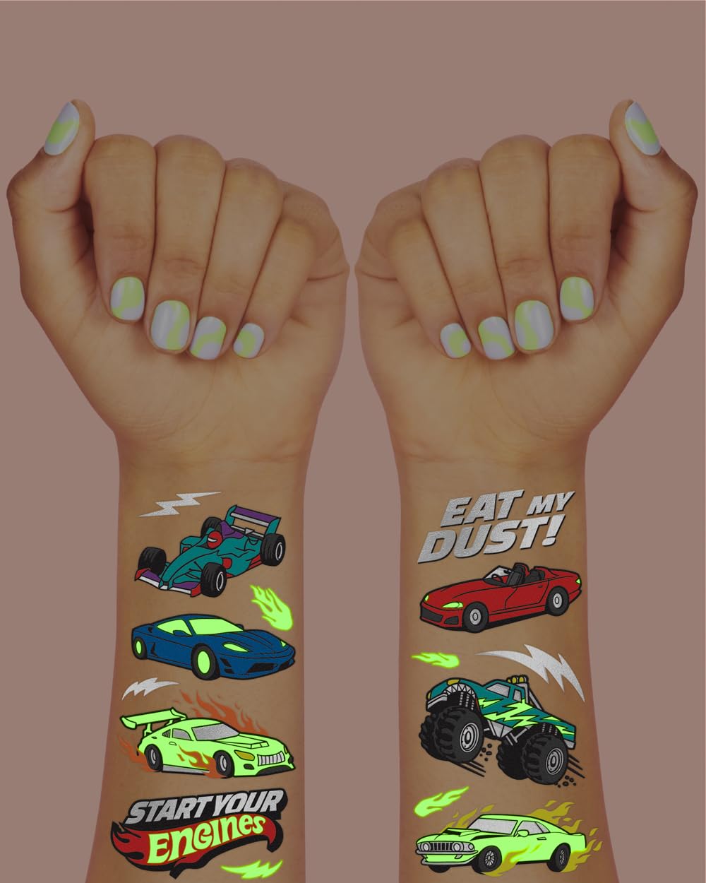 xo, Fetti race car tattoos on skin spark playful birthday moments.