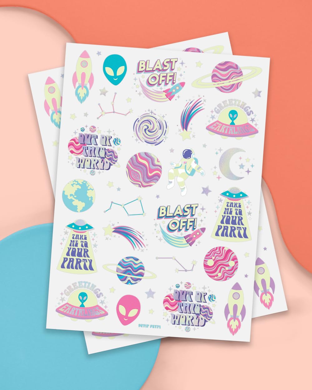 xo, Fetti alien and Mars designs tattoo sheet for space-themed favors