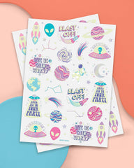xo, Fetti alien and Mars designs tattoo sheet for space-themed favors