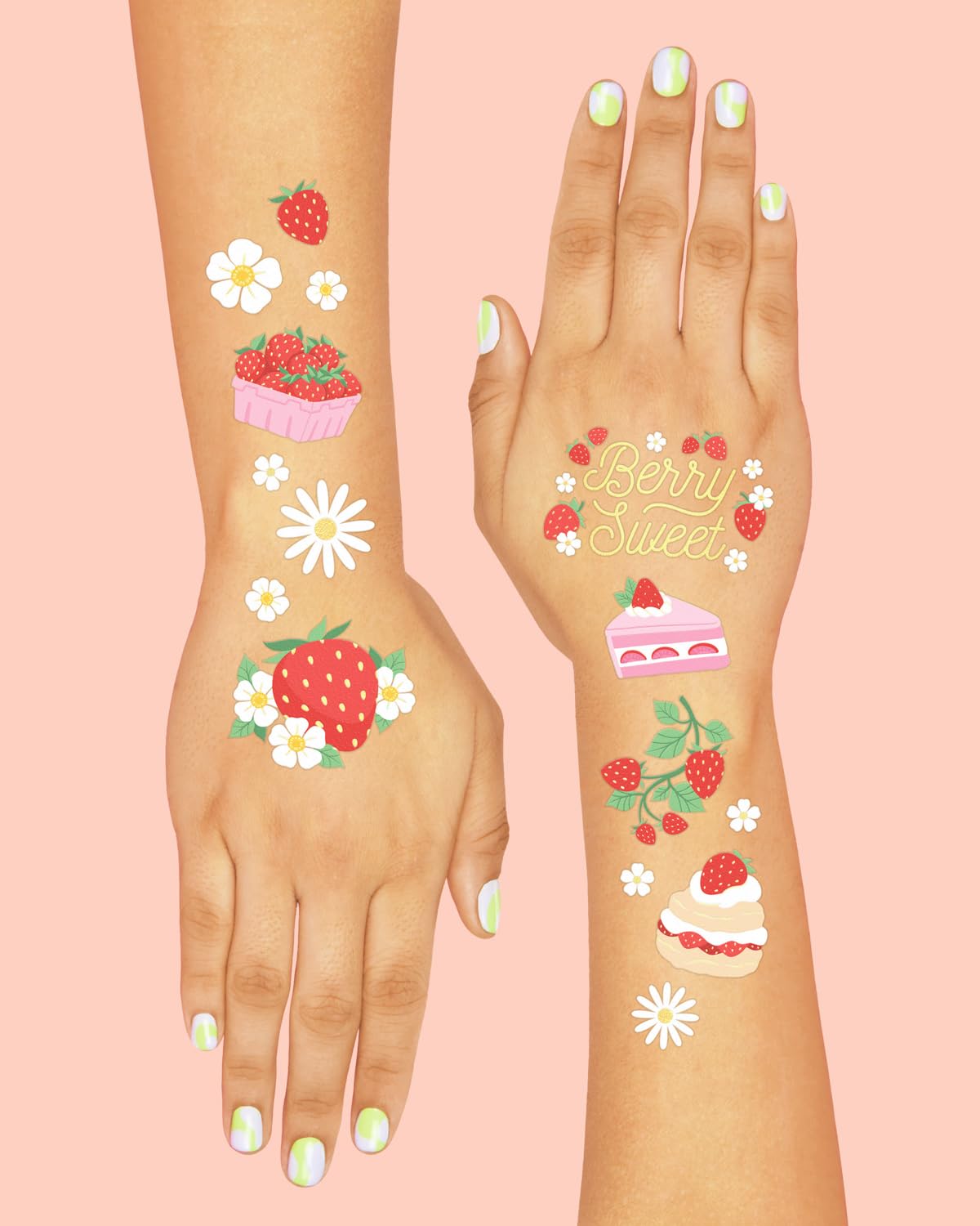 xo-fetti strawberry tattoos foil-cake designs shine on dessert tables.