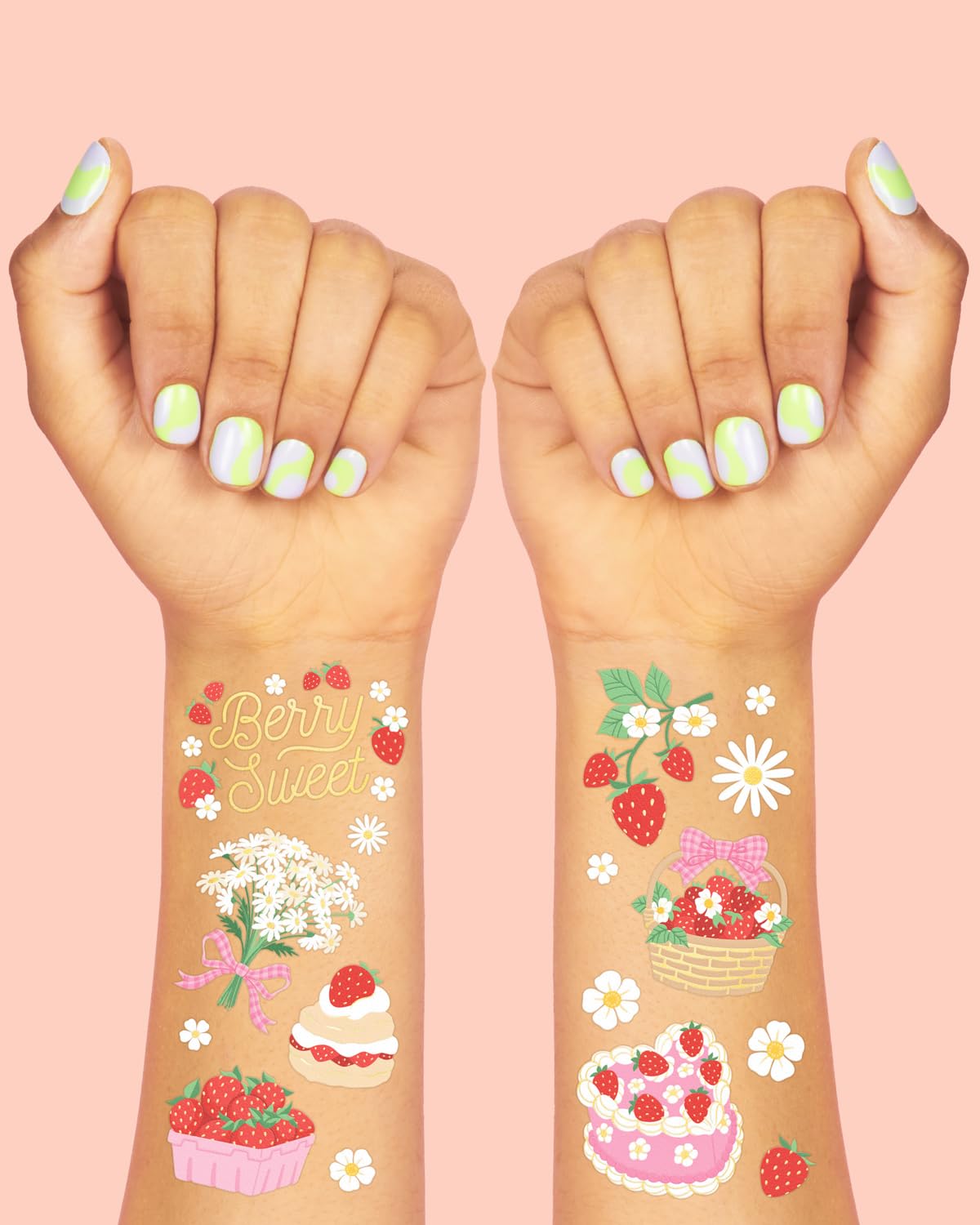 xo-fetti strawberry tattoos foil-flowers add colorful garden vibes for guests.