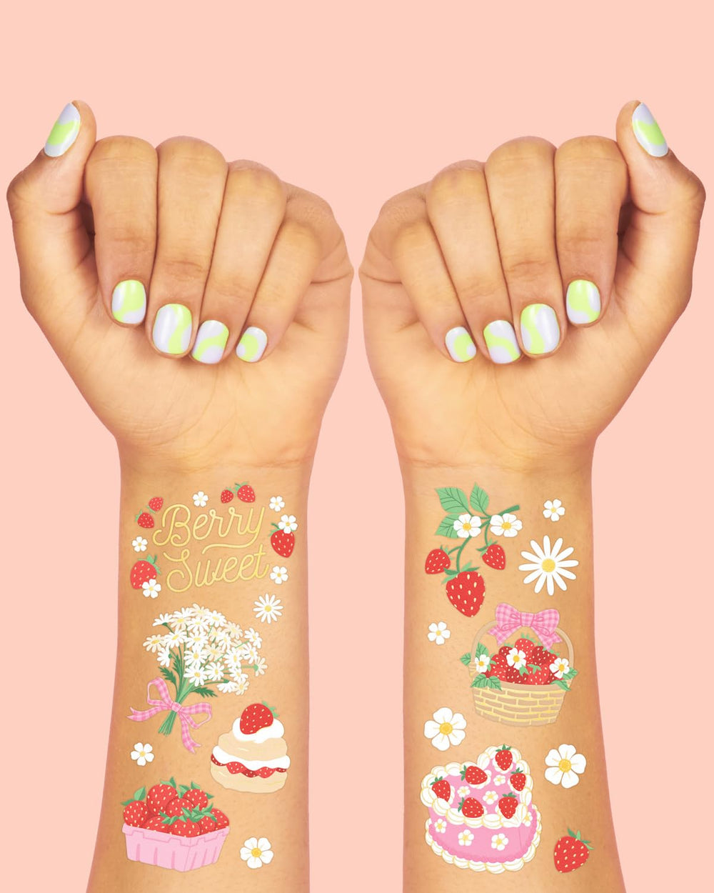 xo-fetti strawberry tattoos foil-flowers add colorful garden vibes for guests.