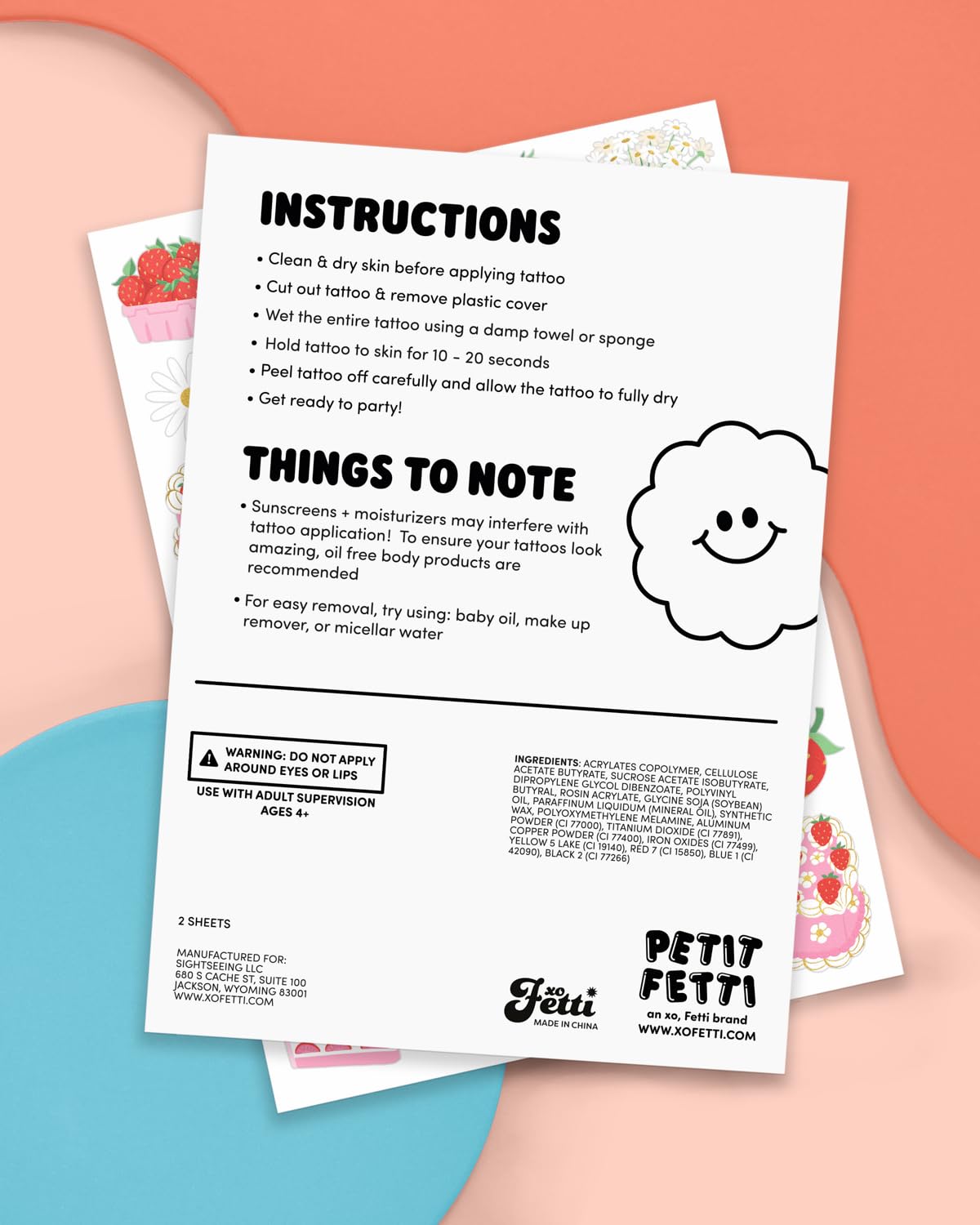 xo-fetti strawberry tattoos instructions-back show quick application steps.