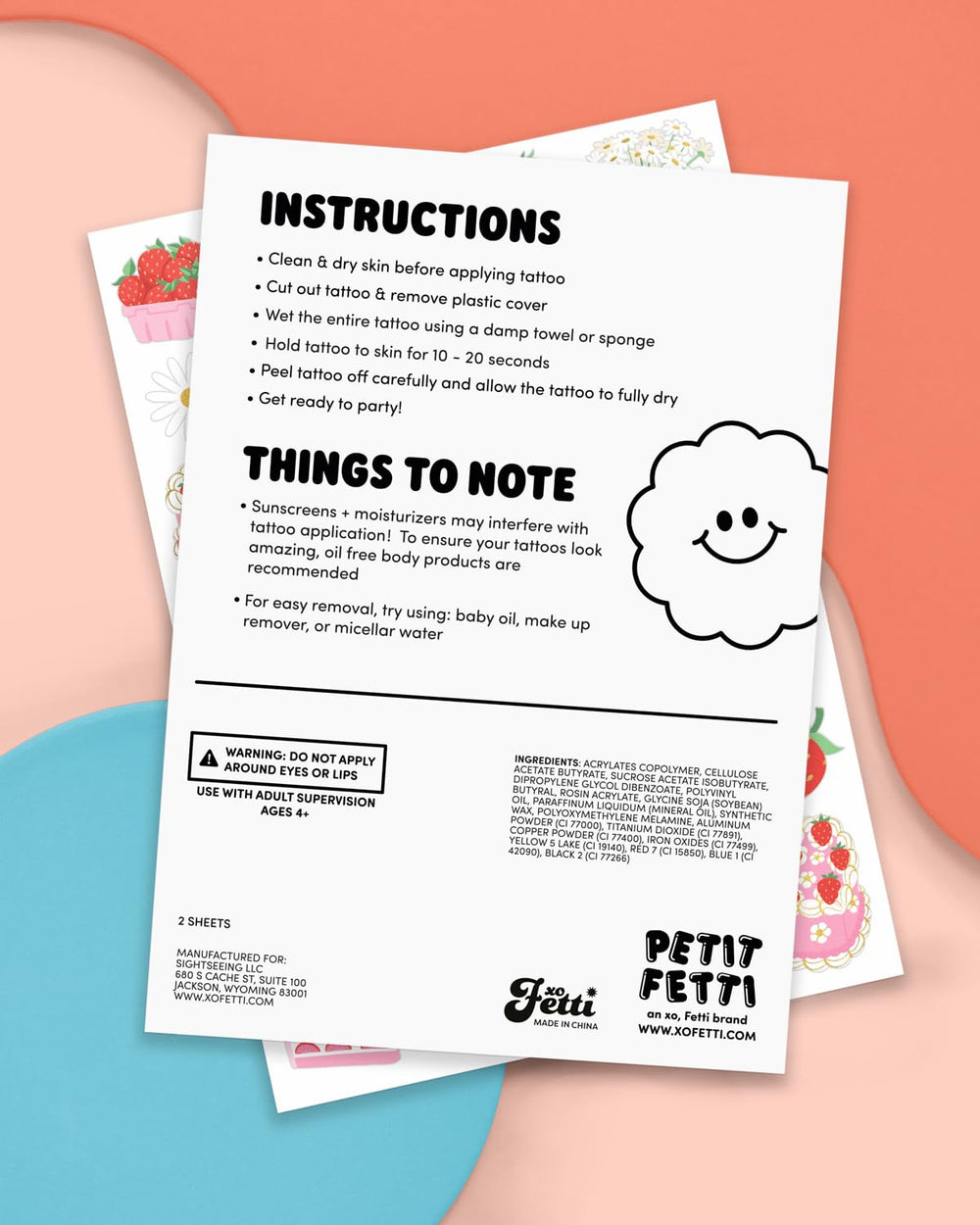 xo-fetti strawberry tattoos instructions-back show quick application steps.