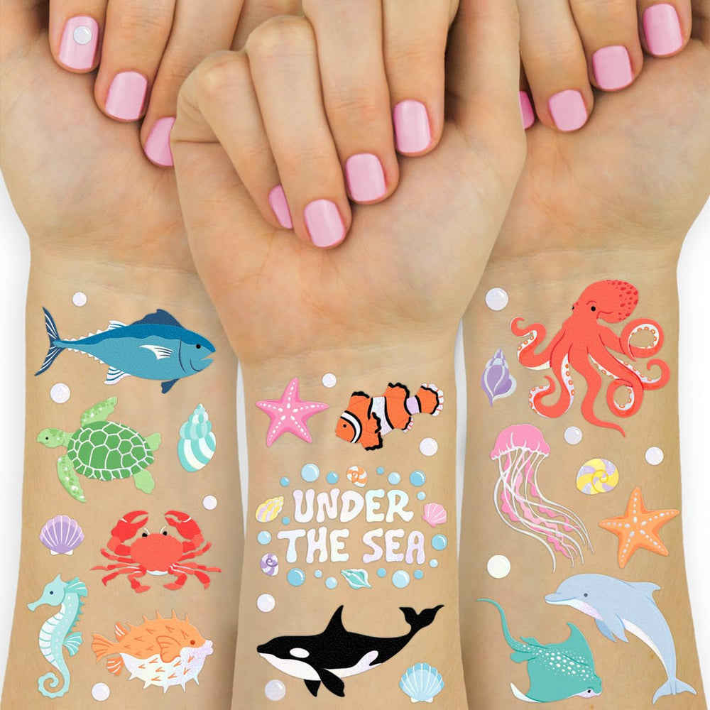 Tatuaje xo Fetti pez coloreado para fiestas submarinas y fotos divertidas.