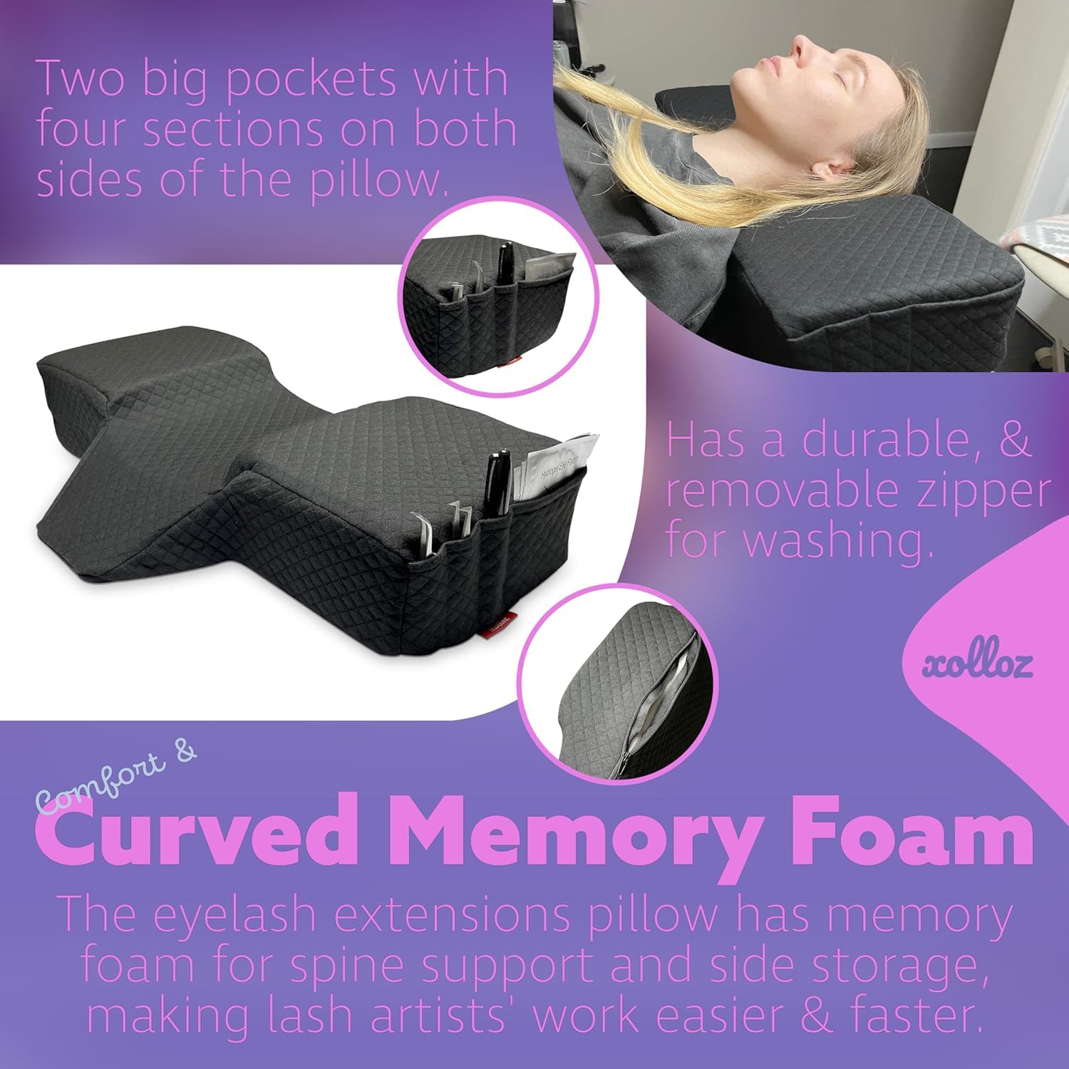 XOLLOZ Lash Pillow durable, washable cover keeps fabric fresh.
