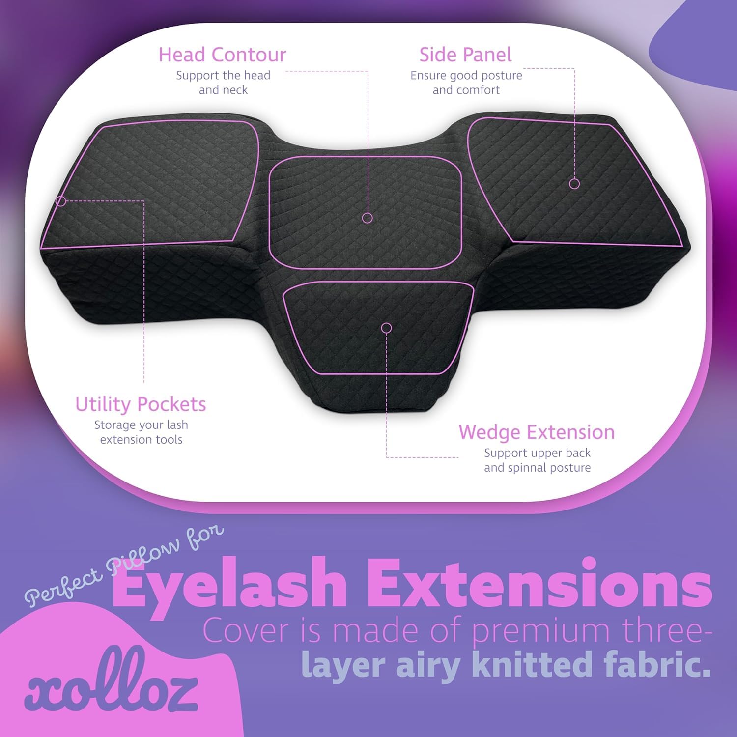 XOLLOZ Lash Pillow fits curved lash beds for stable work.