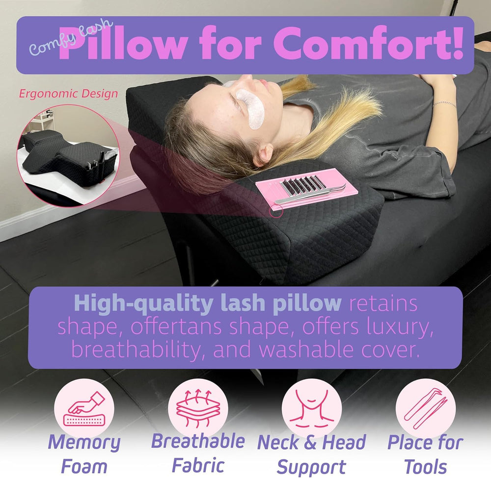 XOLLOZ Lash Pillow side pockets for quick-access tools during treatments.