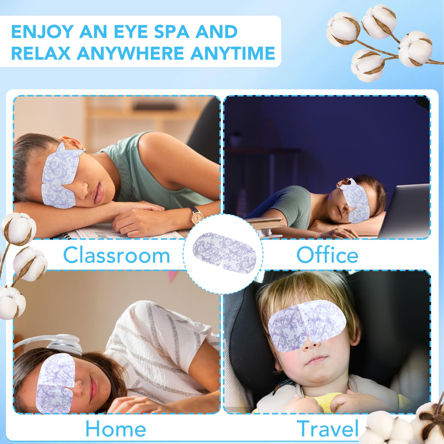 XPCARE eye mask used during flight or office break for eye comfort.