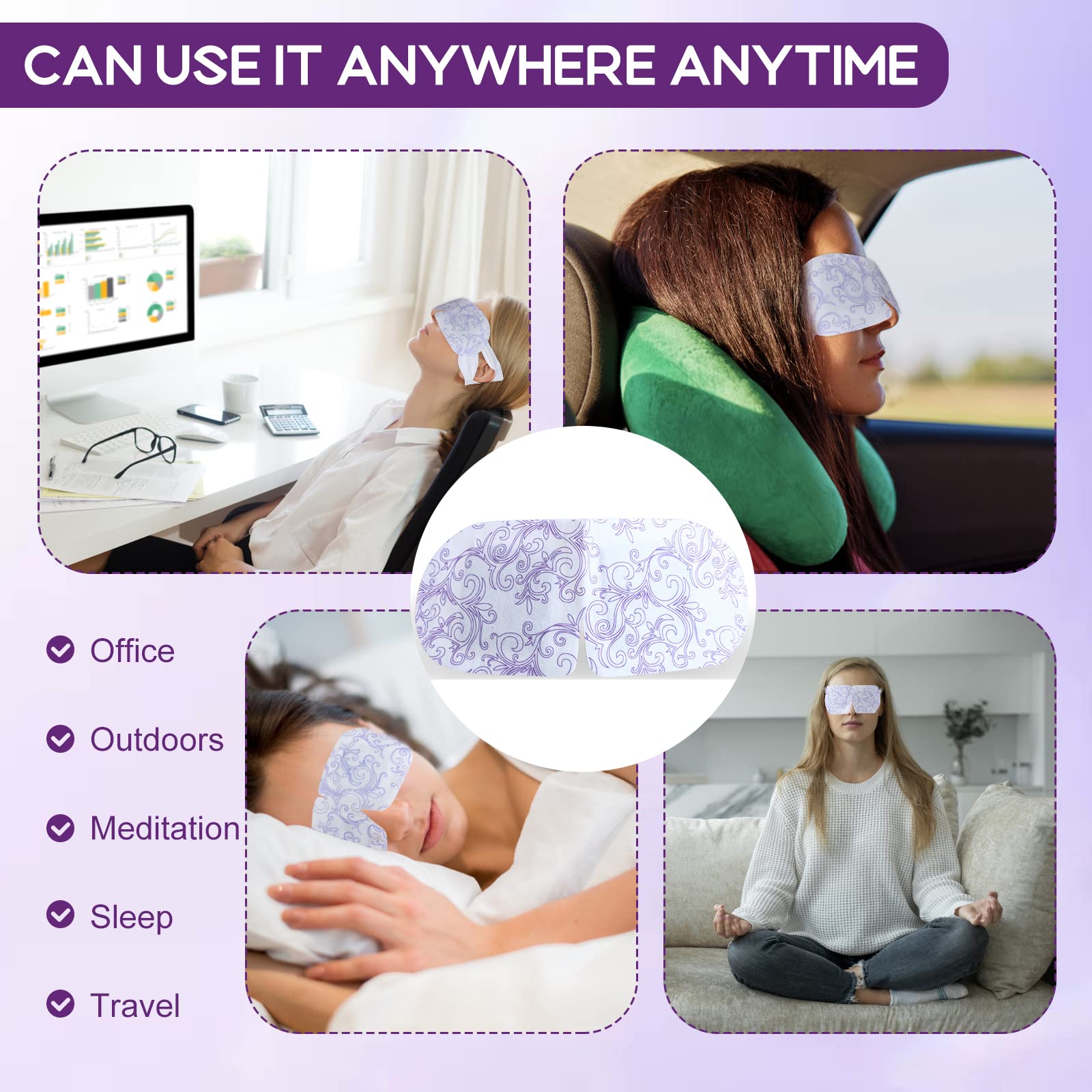 XPCARE steam eye mask close-up material shows breathable, disposable design for quick relief.