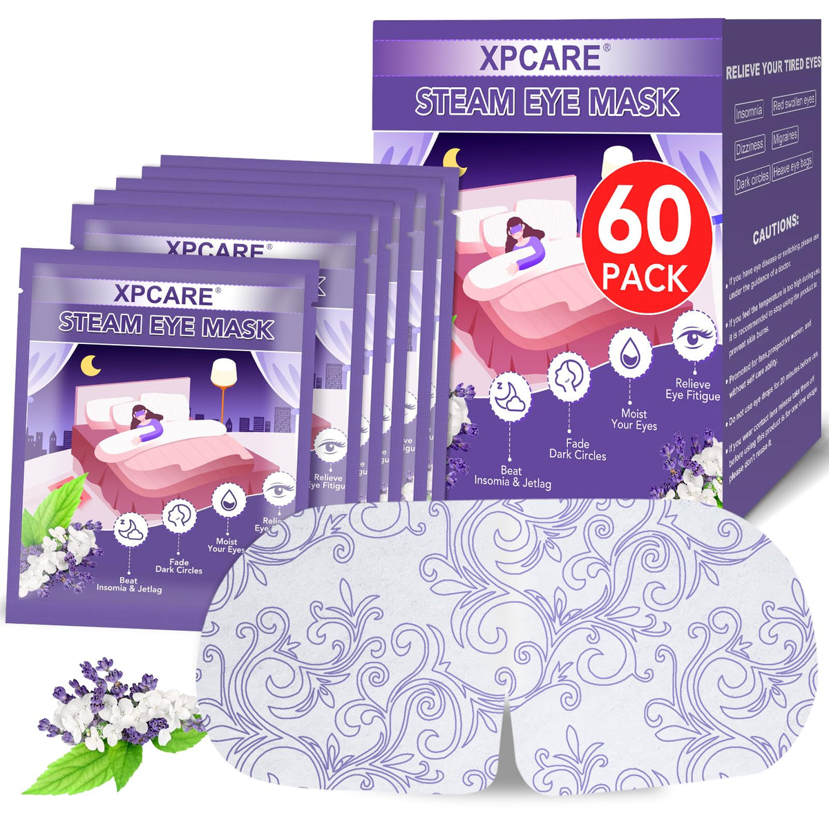 XPCARE steam eye mask lavender packaging promotes calm aromatherapy before bedtime.
