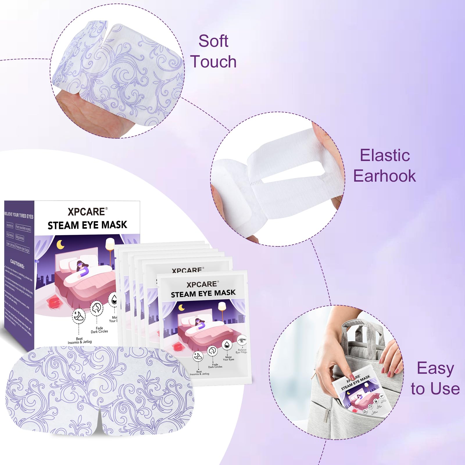 XPCARE steam eye mask packaging design highlights portability for office and travel.