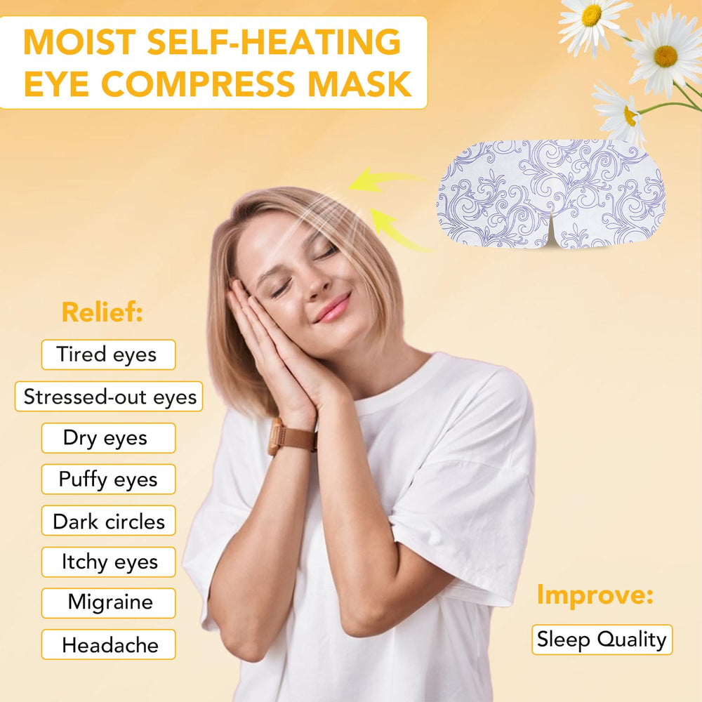 XPCARE steam eye mask temperature view showing 104-113F warmth for soothing relaxation.