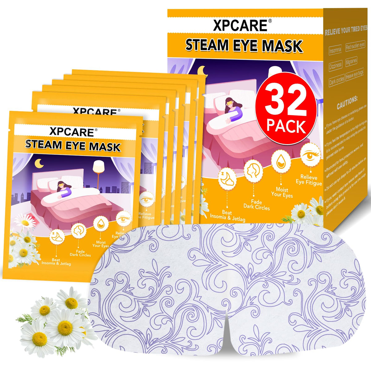 XPCARE steam eye masks packaging box shows individually wrapped masks for on-the-go relief
