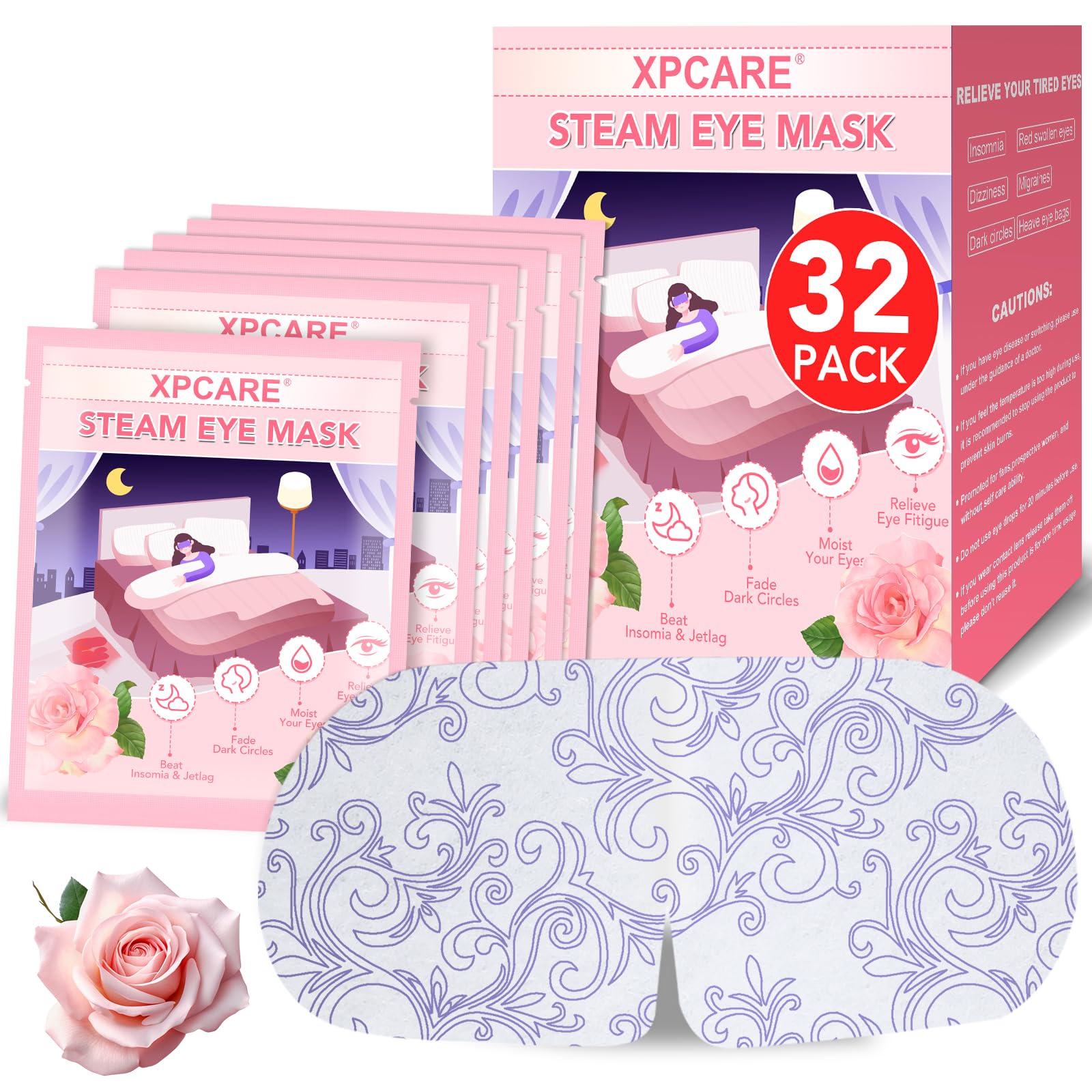 XPCARE rose steam eye masks packaging shows portable spa relief for busy days