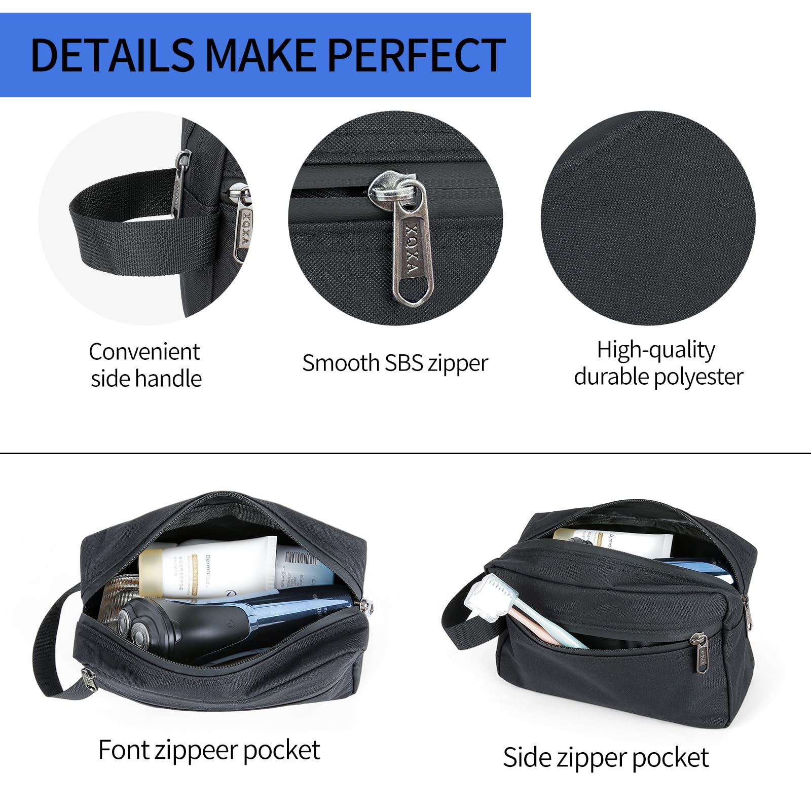 XQXA Toiletry Bag with side handle for easy carry and hanging.