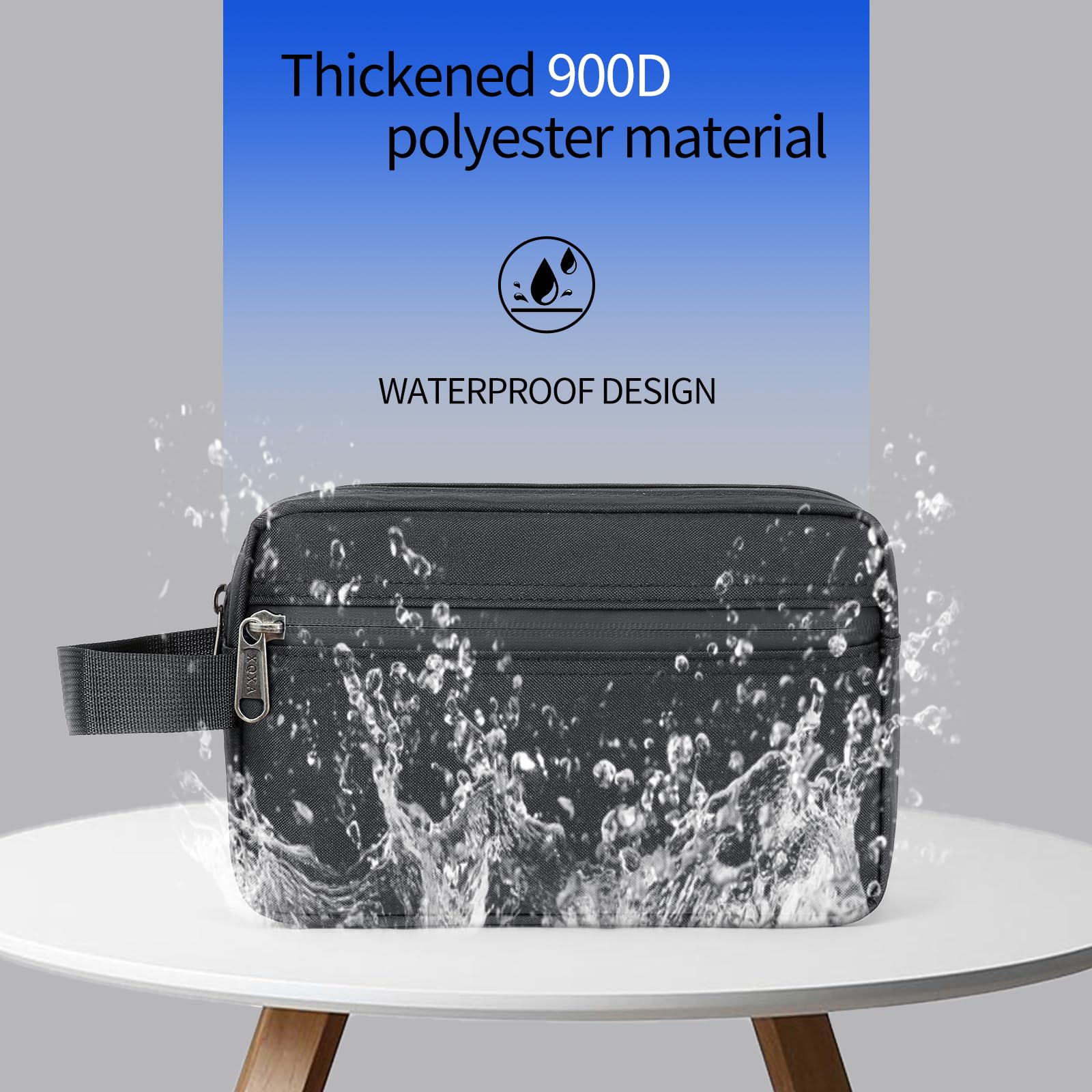 XQXA Toiletry Bag exterior fabric and waterproof interior for durability.