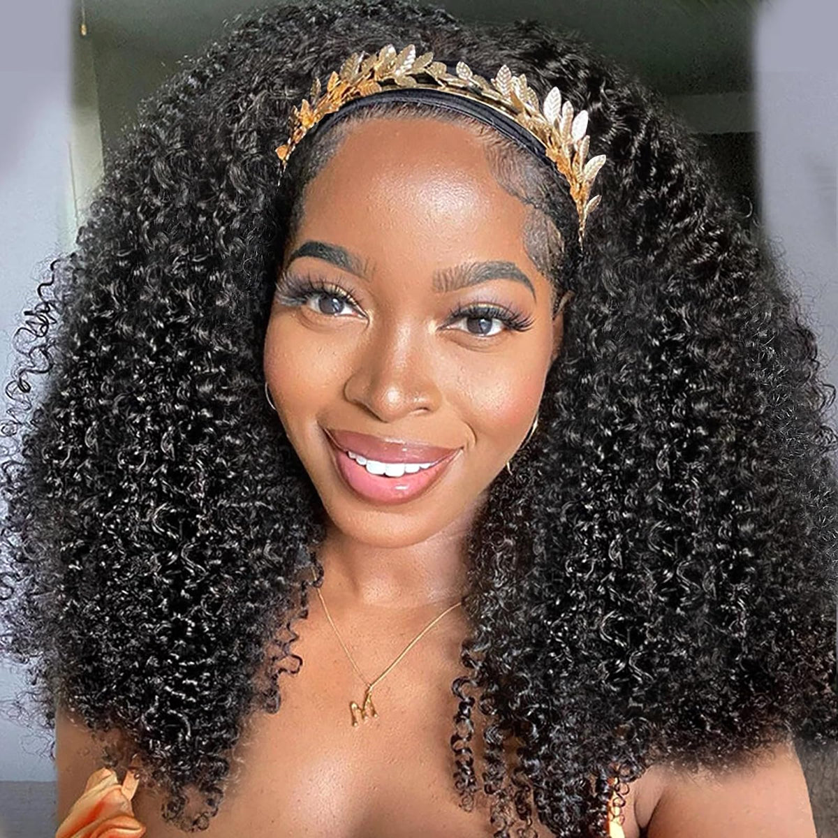 XSY headband wig closeup shows natural kinky curly texture for voluminous styling.