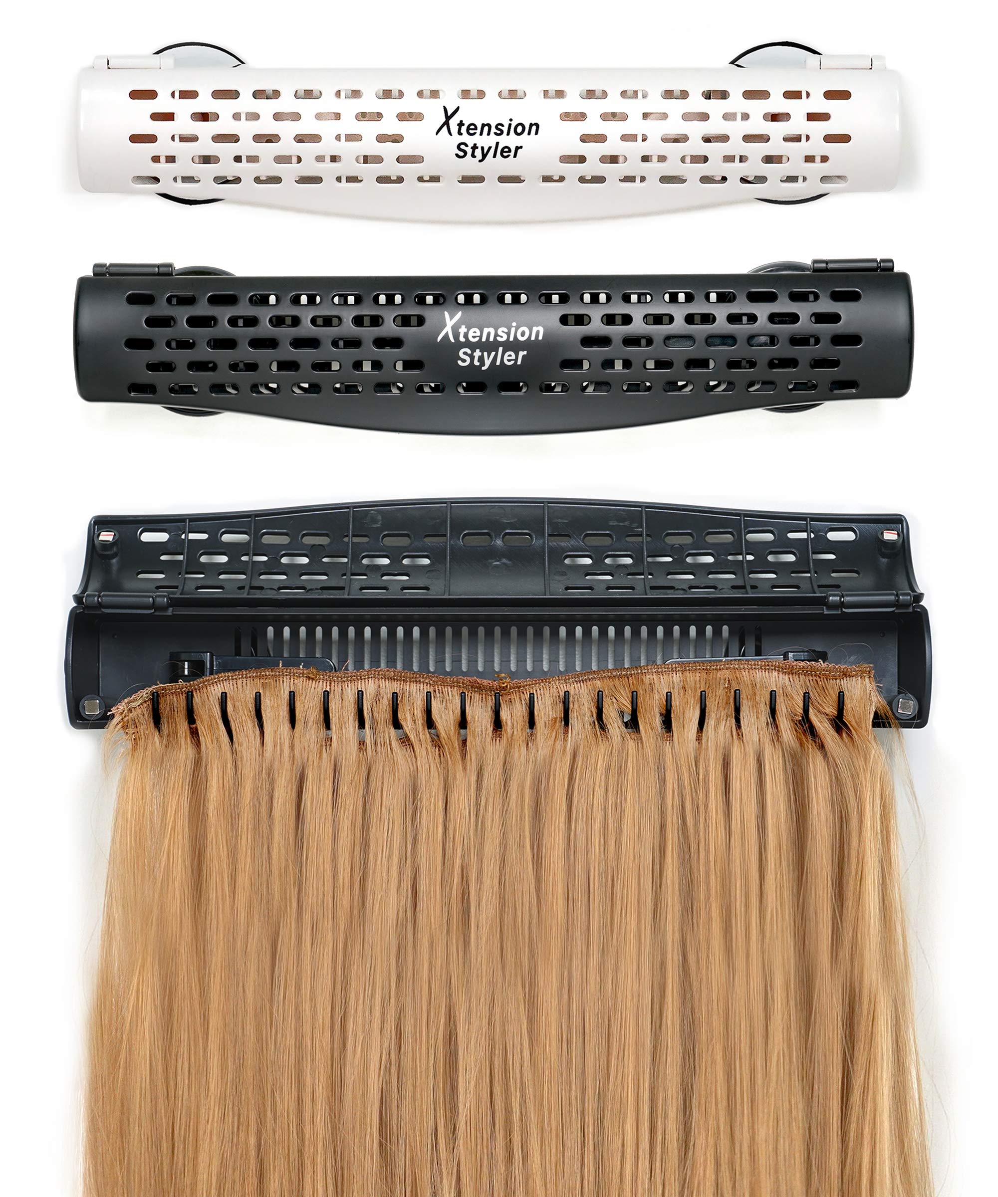Xtension Styler hair extension holder in matte black mounted securely for efficient styling.