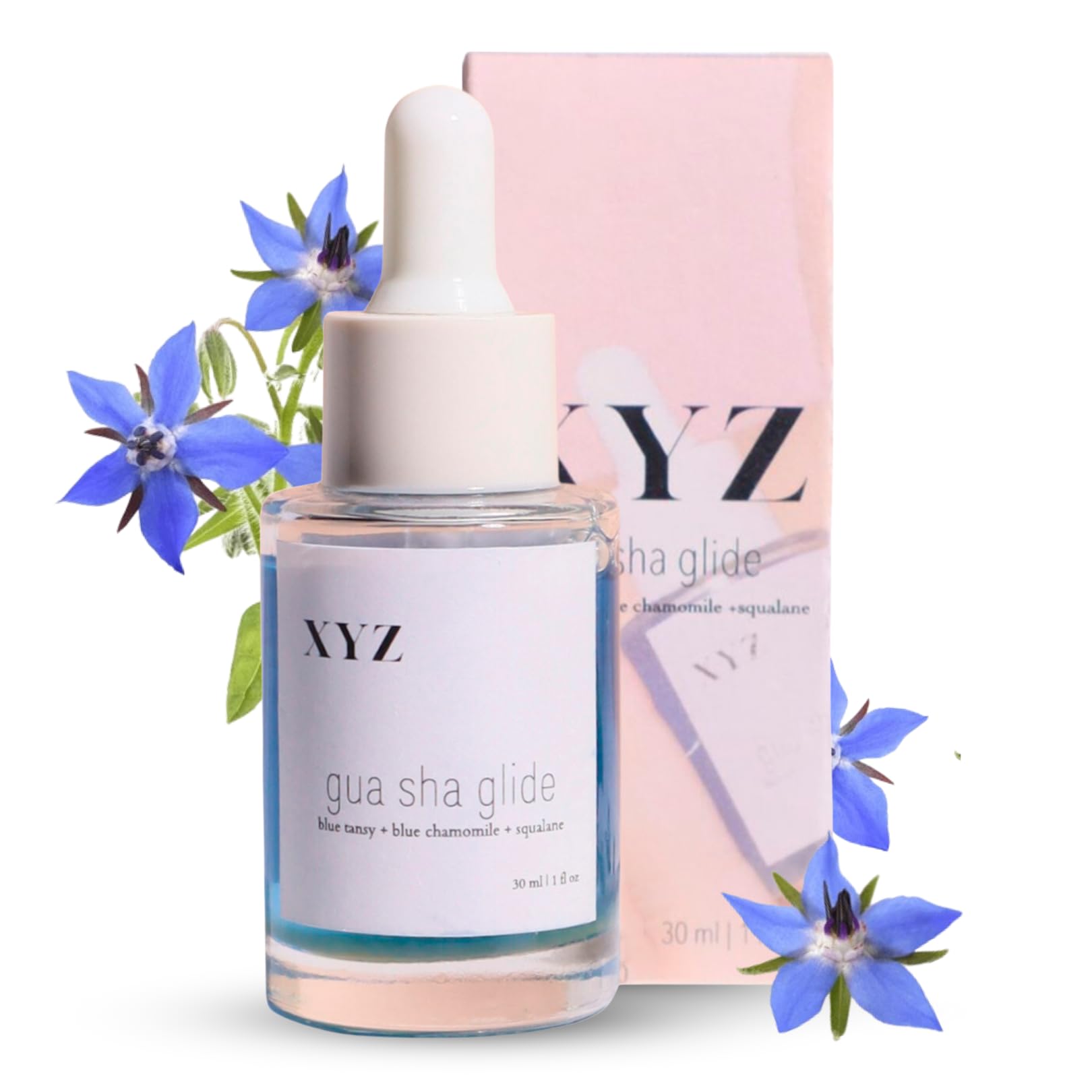 XYZ Skin Gua Sha Glide bottle closeup, vegan hydration for all skin types.