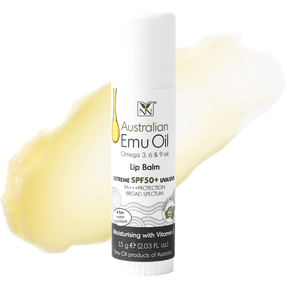Y Not Natural Emu Oil Lip Balm packaging with SPF50+ for outdoor sun protection.