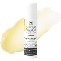 Y Not Natural Emu Oil Lip Balm packaging with SPF50+ for outdoor sun protection.