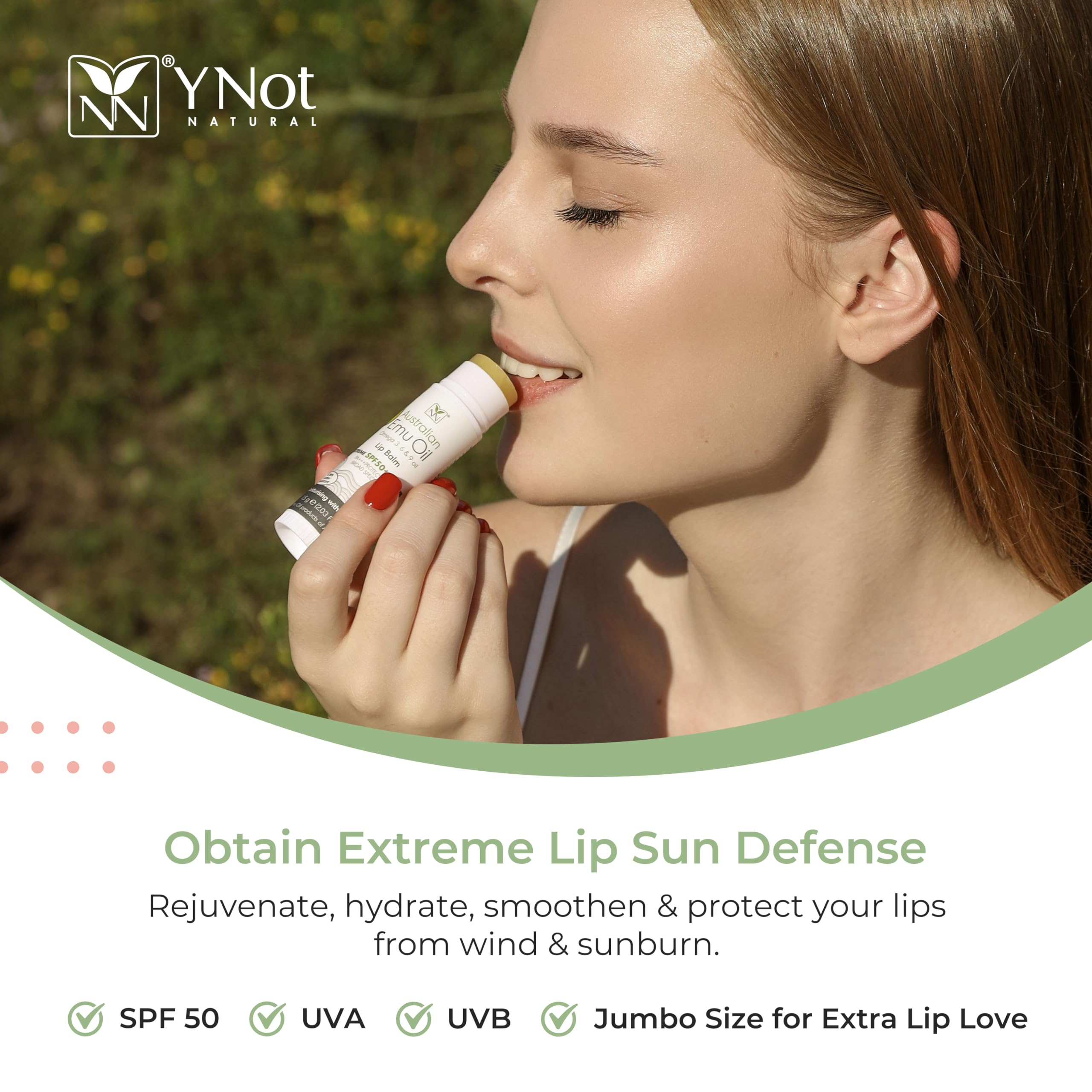 Y Not Natural Emu Oil Lip Balm twist-stick shows easy application on the go.