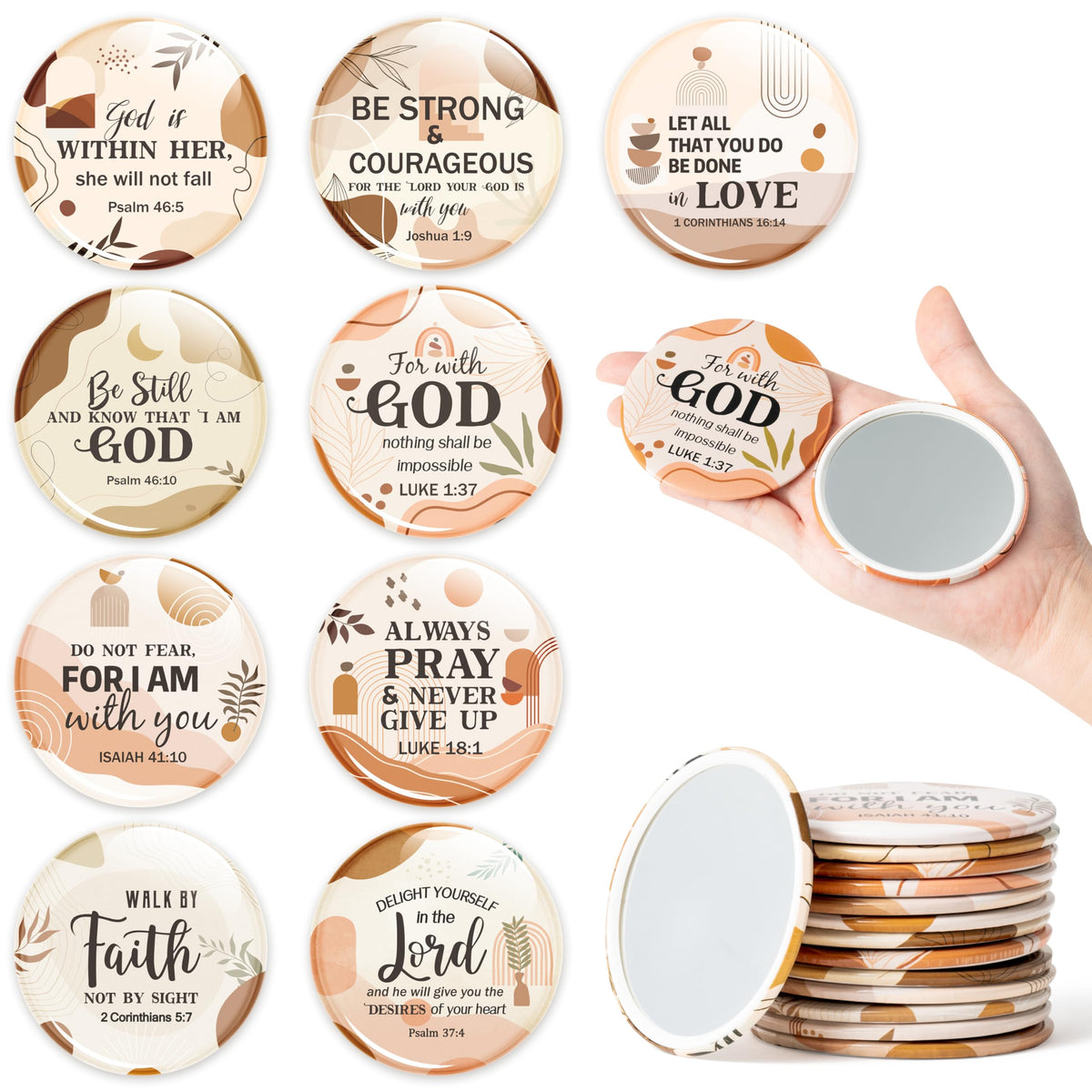 Y1tvei Bible Verse Compact Mirror shows nine designs for quick on-the-go touch-ups.