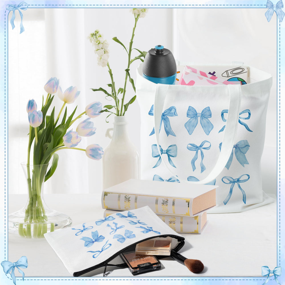 Y1tvei Blue Bows cosmetic pouch keeps makeup organized on the go.