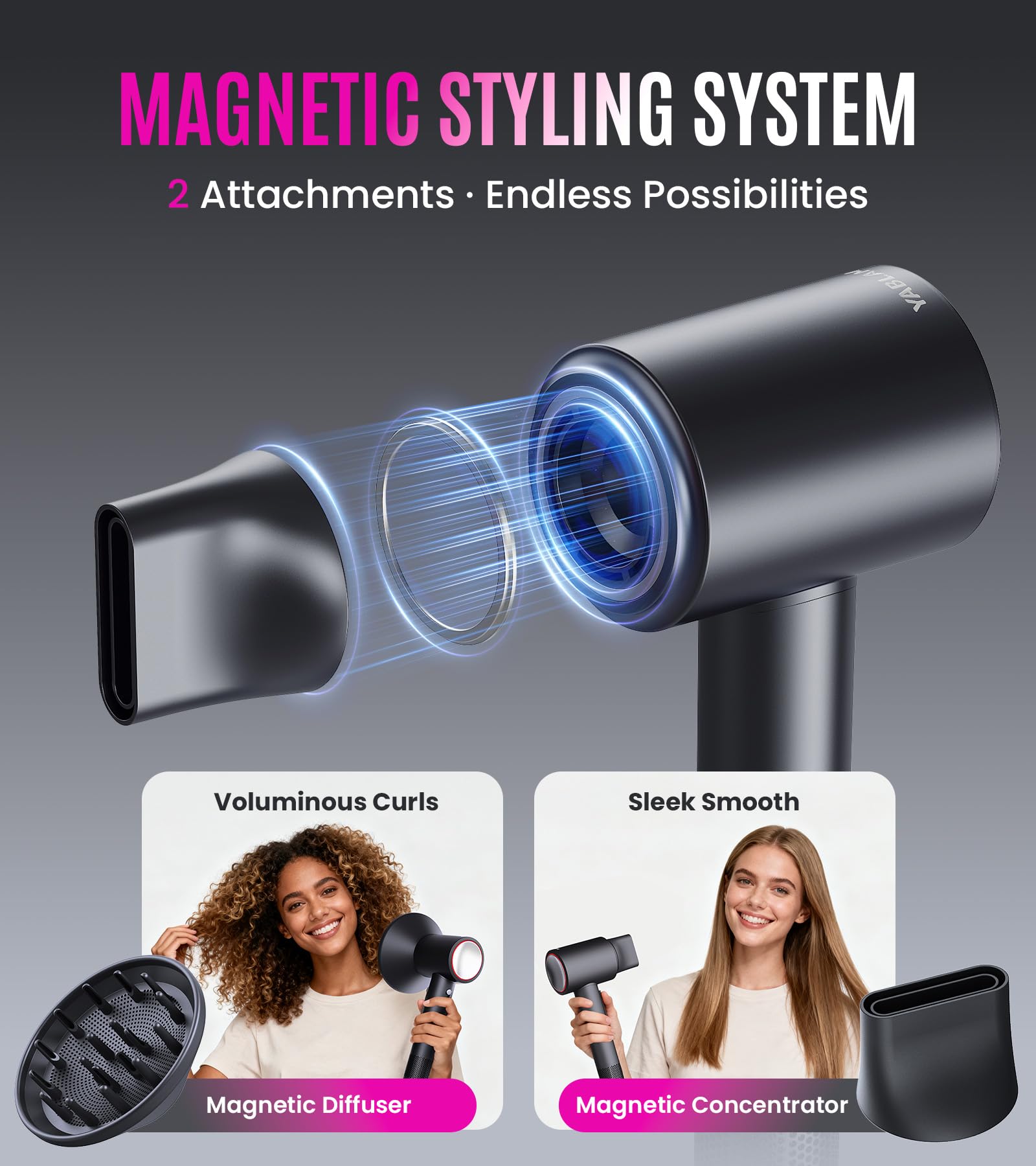YABLAM magnetic nozzle attachments enable quick styling changes