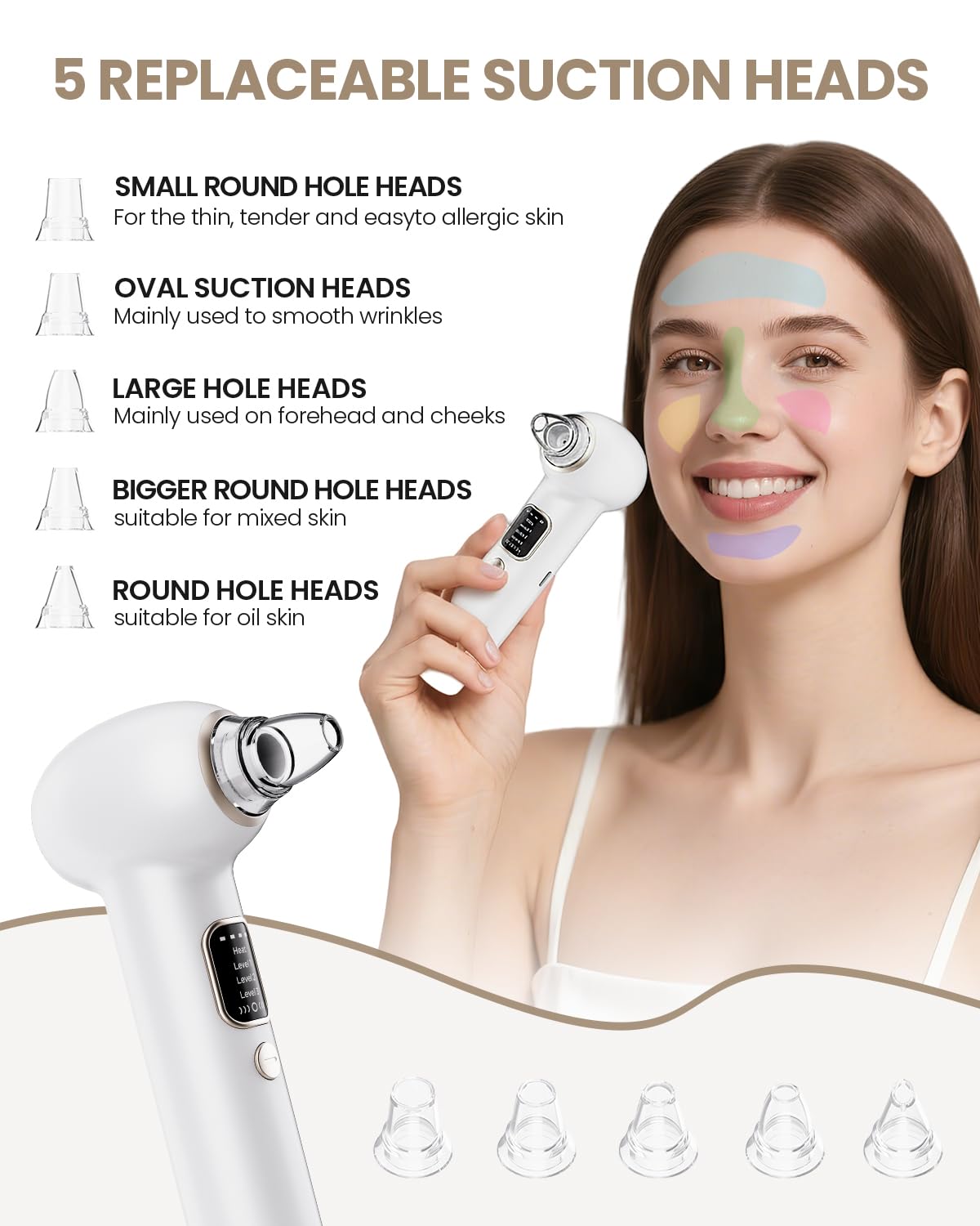 YAGETU white kit includes 5 probes for targeted facial cleansing zones.