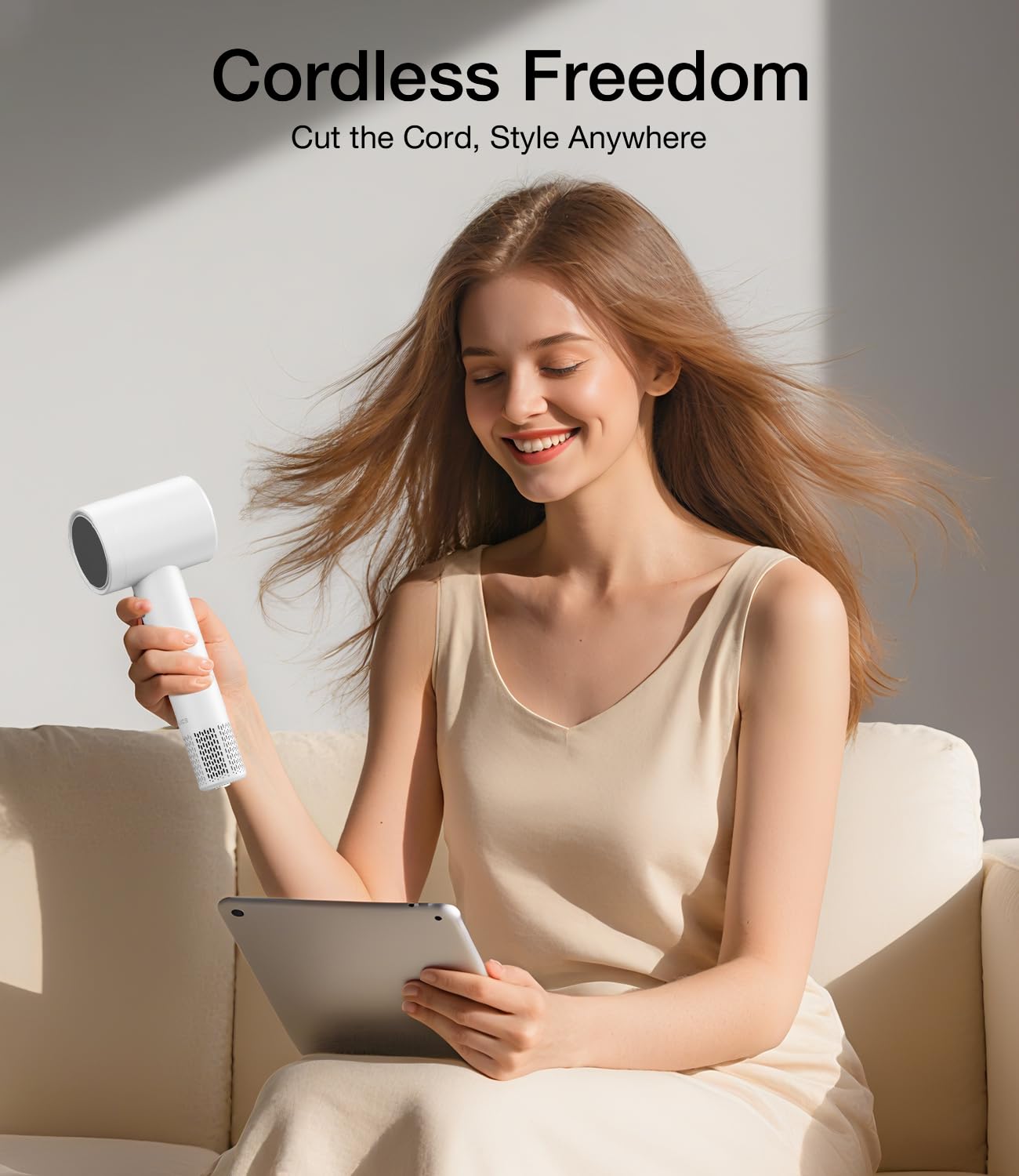 YALICE cordless hair dryer with digital screen shows battery and mode.