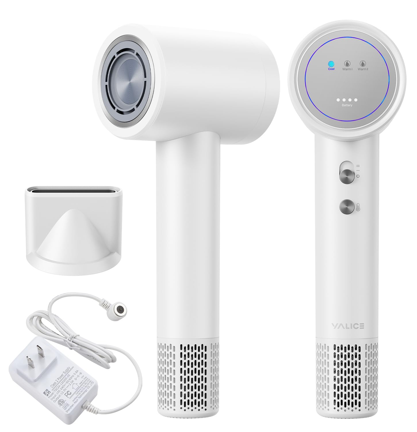 YALICE cordless hair dryer front view, travel-ready design for on-the-go styling.