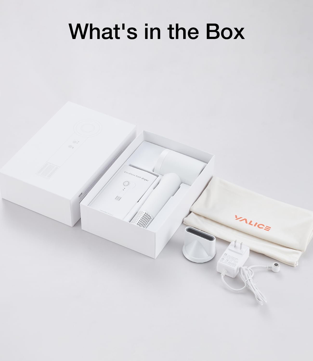 YALICE in-box contents include dryer, charger, nozzle, bag, and manual.