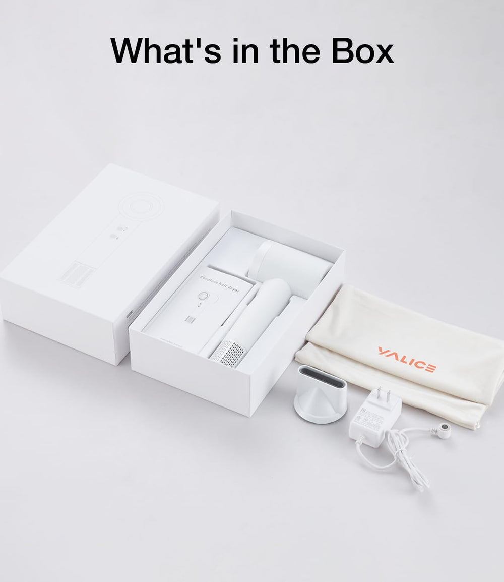 YALICE in-box contents include dryer, charger, nozzle, bag, and manual.