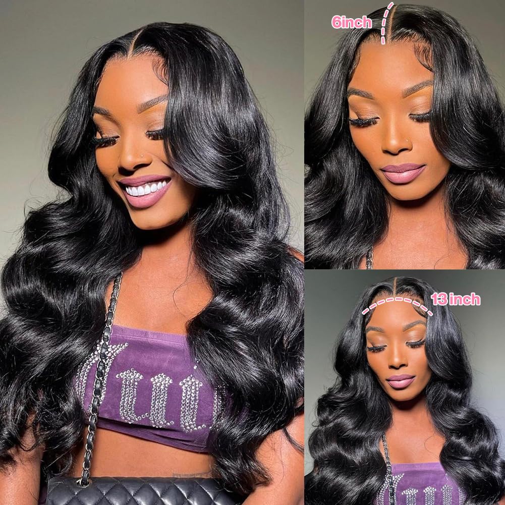 Yamikk 13x6 body wave wig natural black close-up highlights soft texture.
