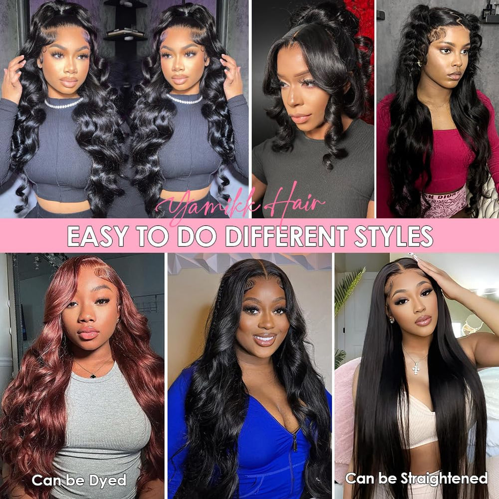 Yamikk 28-inch body wave wig pre-plucked bleached knots for easy customization.