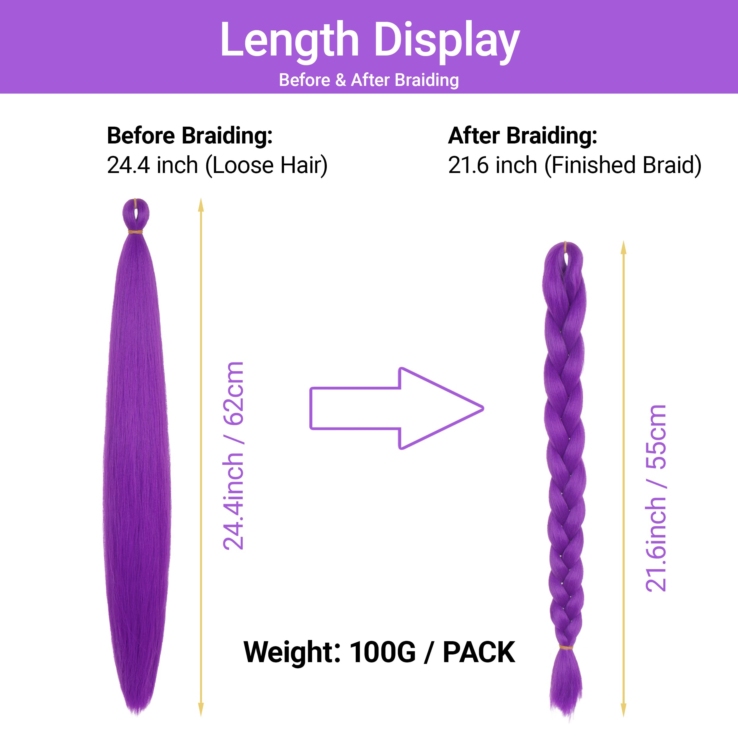 Yan Dream pre-stretched purple braiding hair 24inch pack showing light, airy volume.