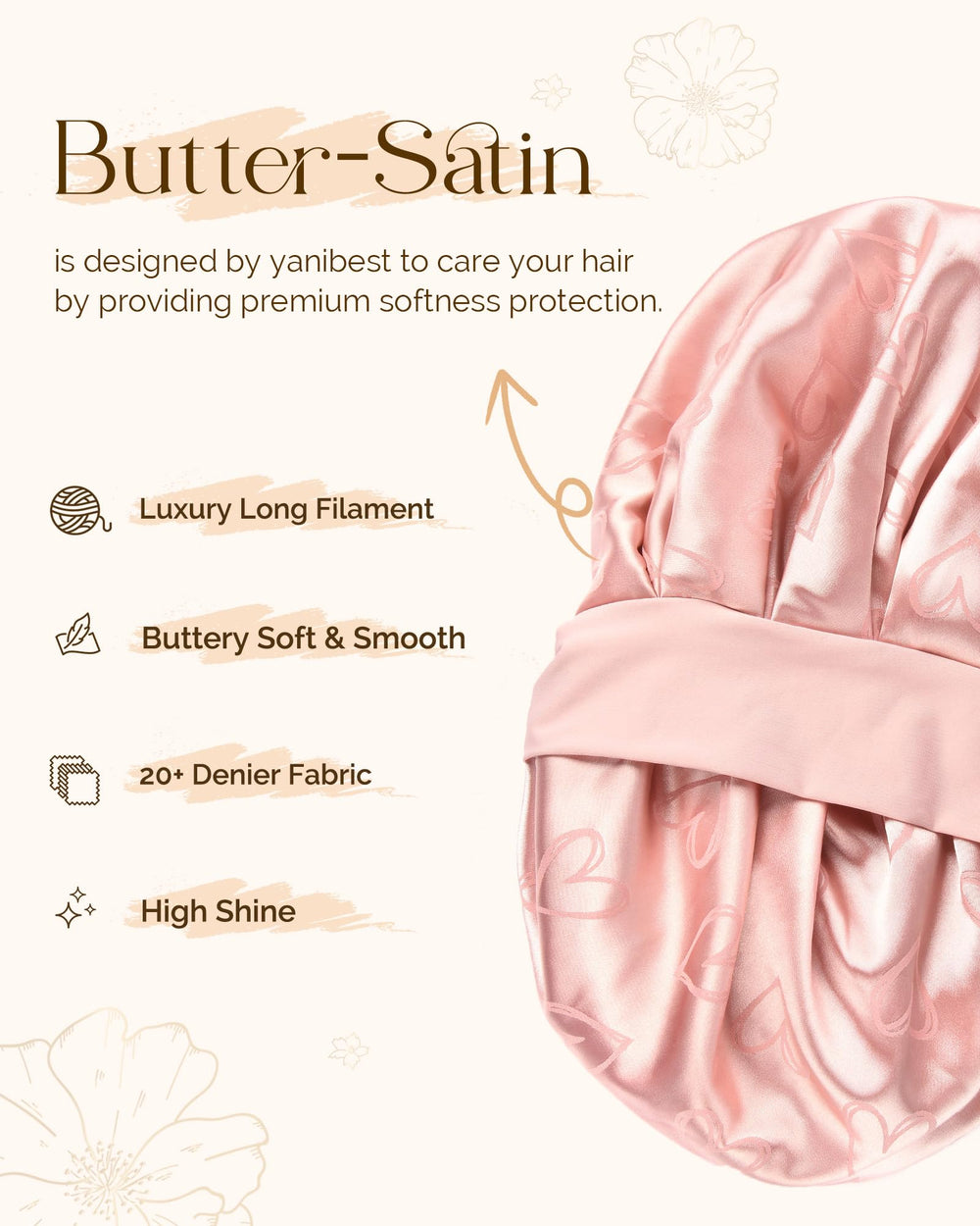 YANIBEST bonnet close-up shows soft satin finish reducing friction and frizz.