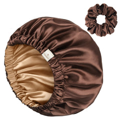 YANIBEST brown satin bonnet closeup shows soft fabric texture that reduces friction and frizz.