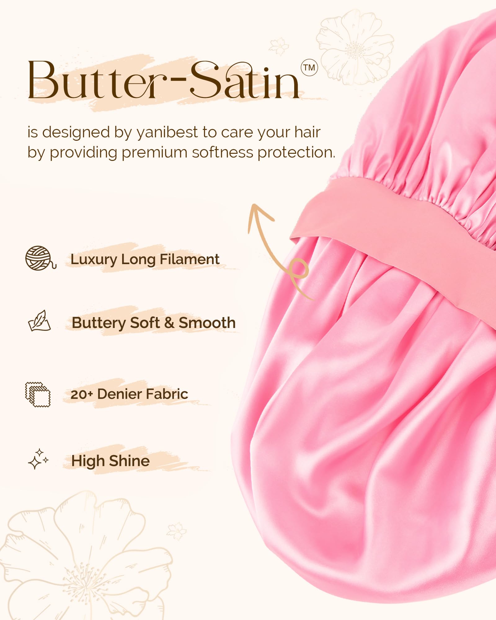 Yanibest double layer satin bonnet close up shows silky fabric for smooth skin.