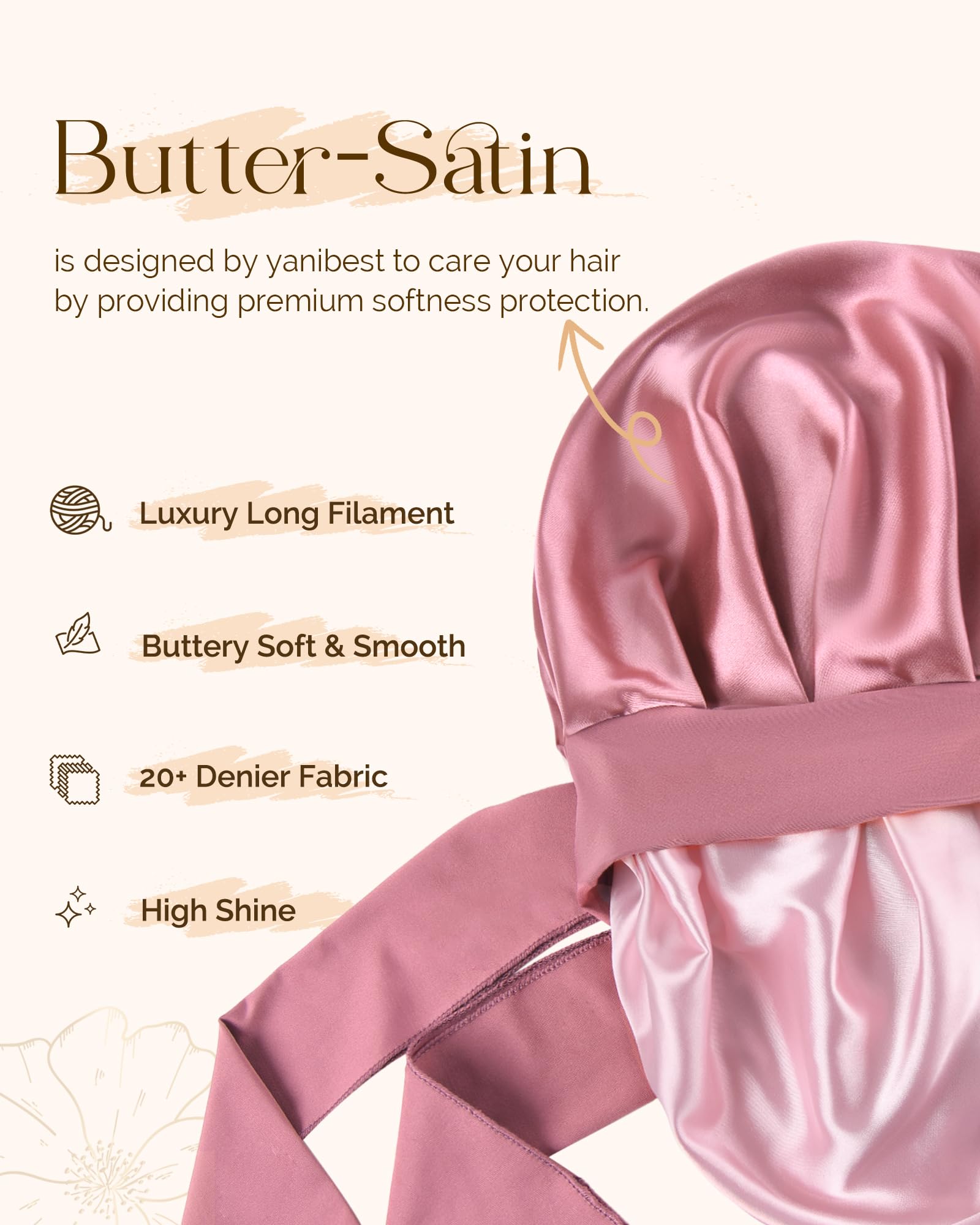 YANIBEST double-layer satin bonnet folded, highlighting moisture retention and frizz protection