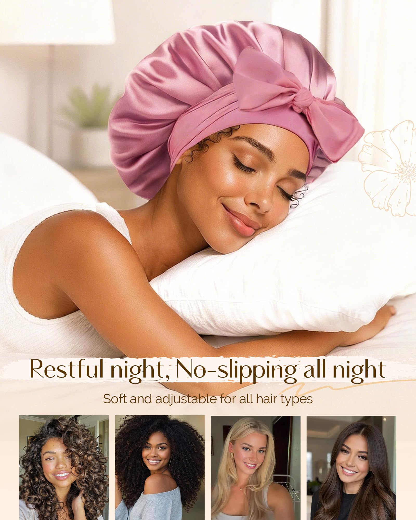 YANIBEST elastic tie band adjustable-fit bonnet demonstrates secure all-night wear