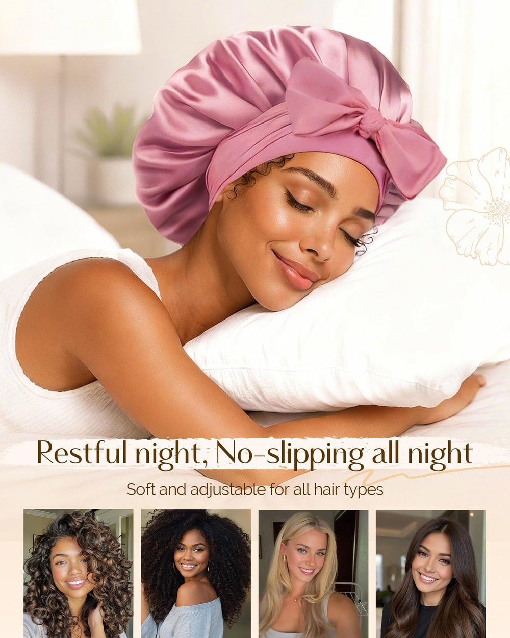YANIBEST elastic tie band adjustable-fit bonnet demonstrates secure all-night wear