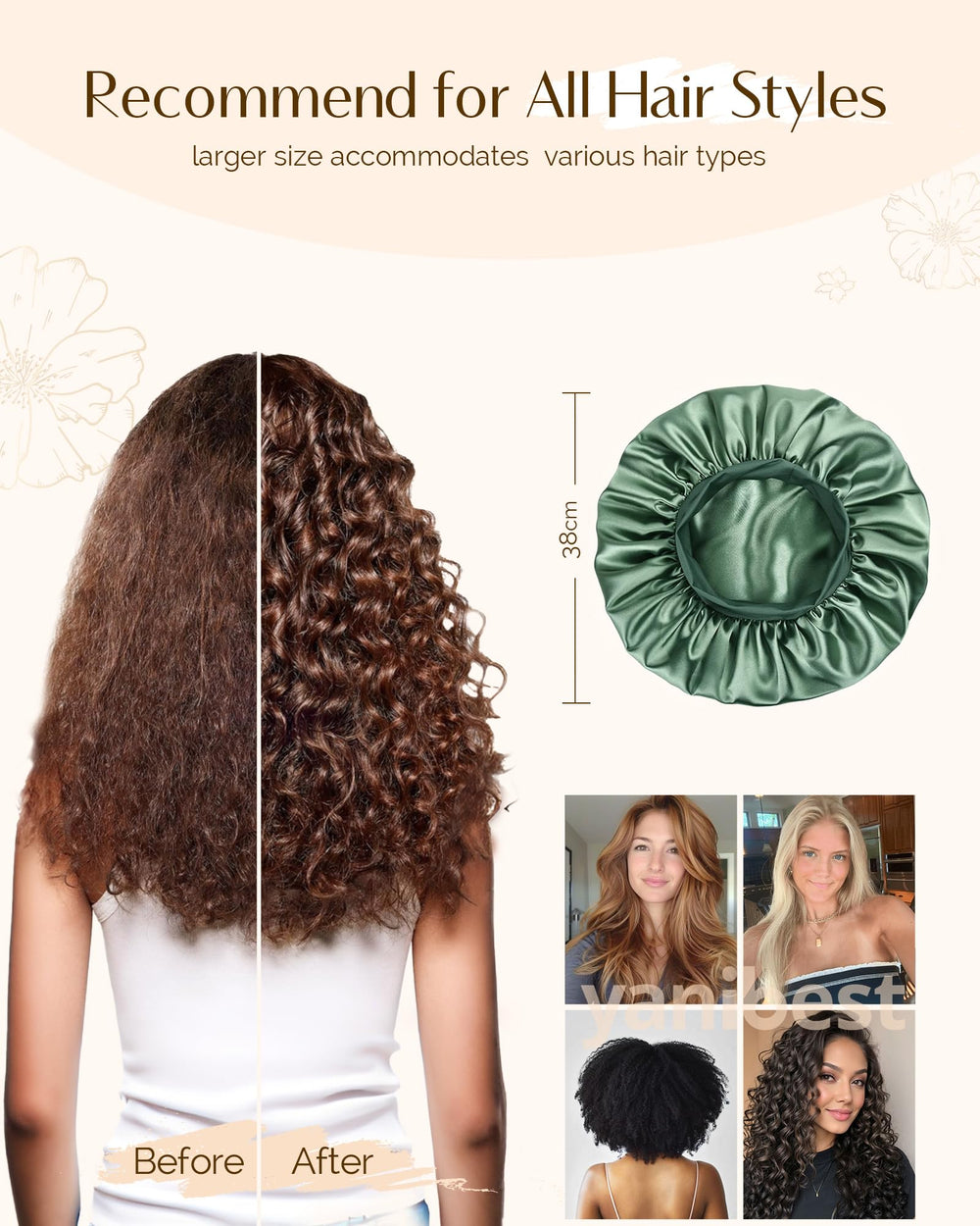 YANIBEST hair protection sleep cap minimizes tangles and frizz during nightly rest.