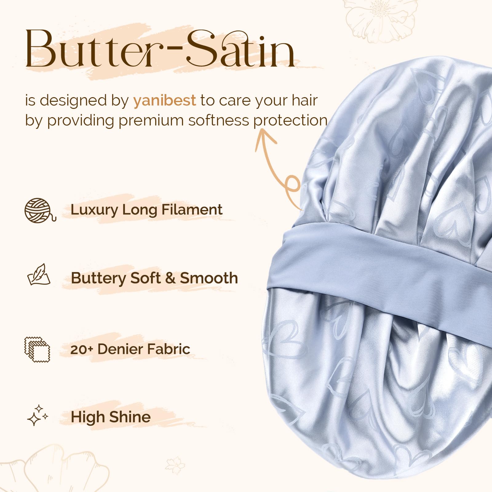 YANIBEST satin bonnet blue tie-band closeup shows secure overnight fit