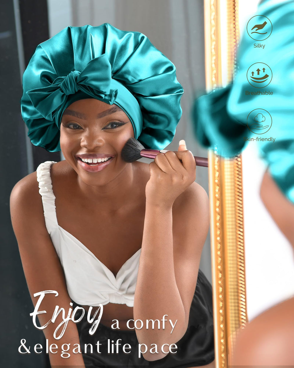 YANIBEST satin-bonnet-face-washing-care keeps hair away during skincare routines.