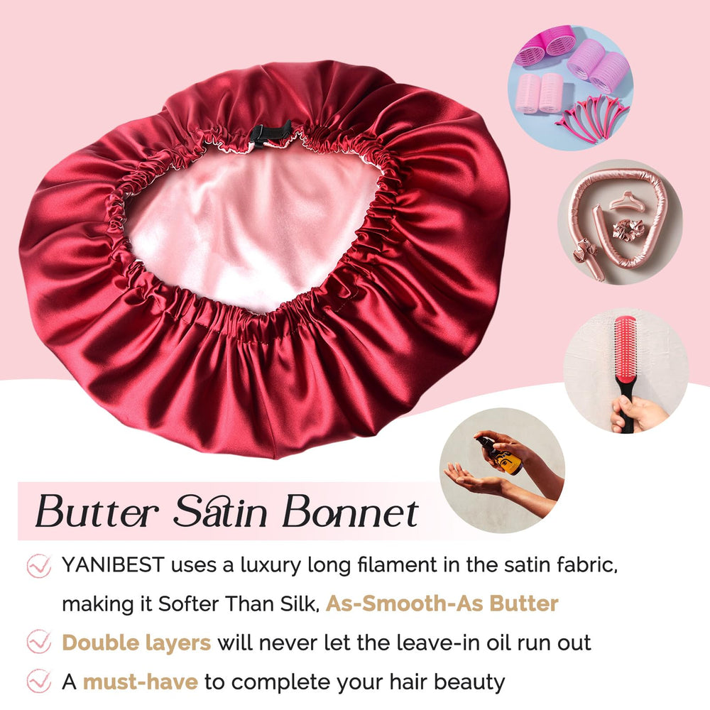YANIBEST burgundy satin bonnet protecting sheets and hair from products overnight.