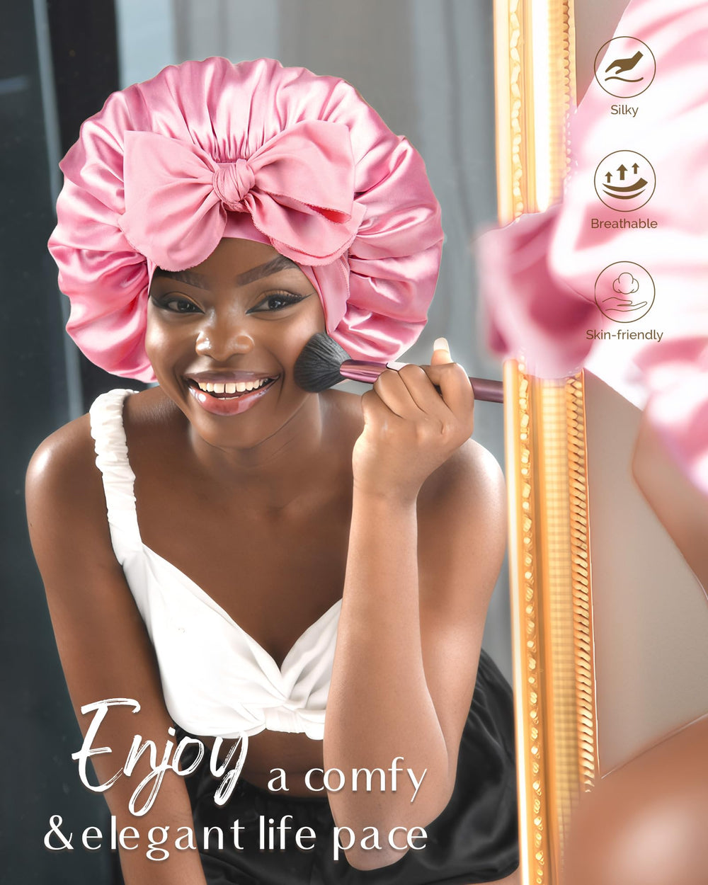 Yanibest satin bonnet used during skincare to keep skin hydrated.