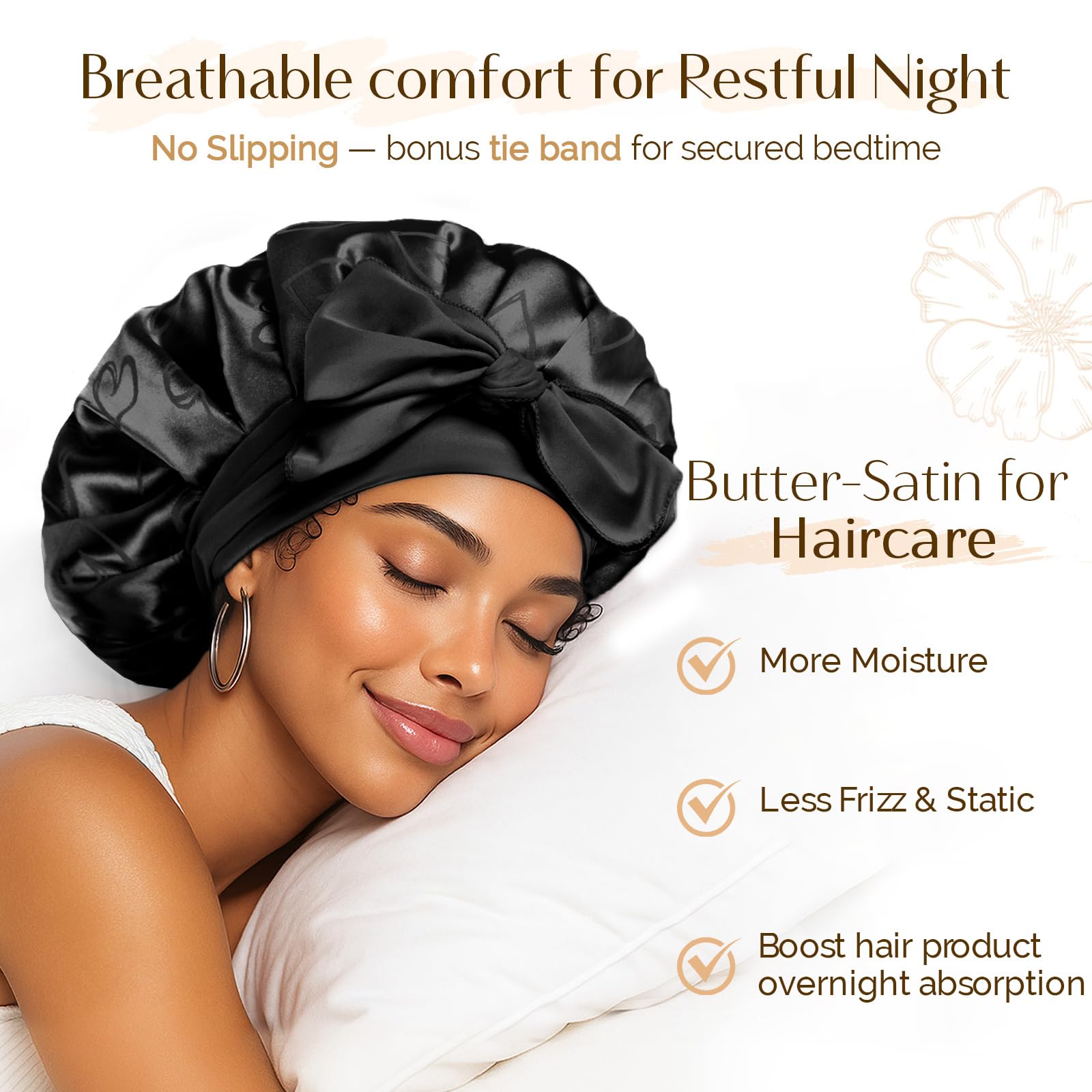 YANIBEST satin bonnet with tie band provides secure, comfortable overnight wear